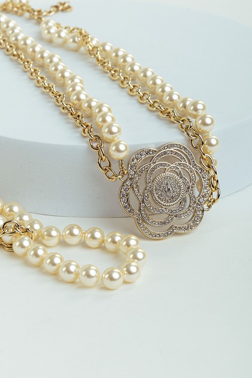 Sixdo Camelia Pearl And Chain Layers Necklace